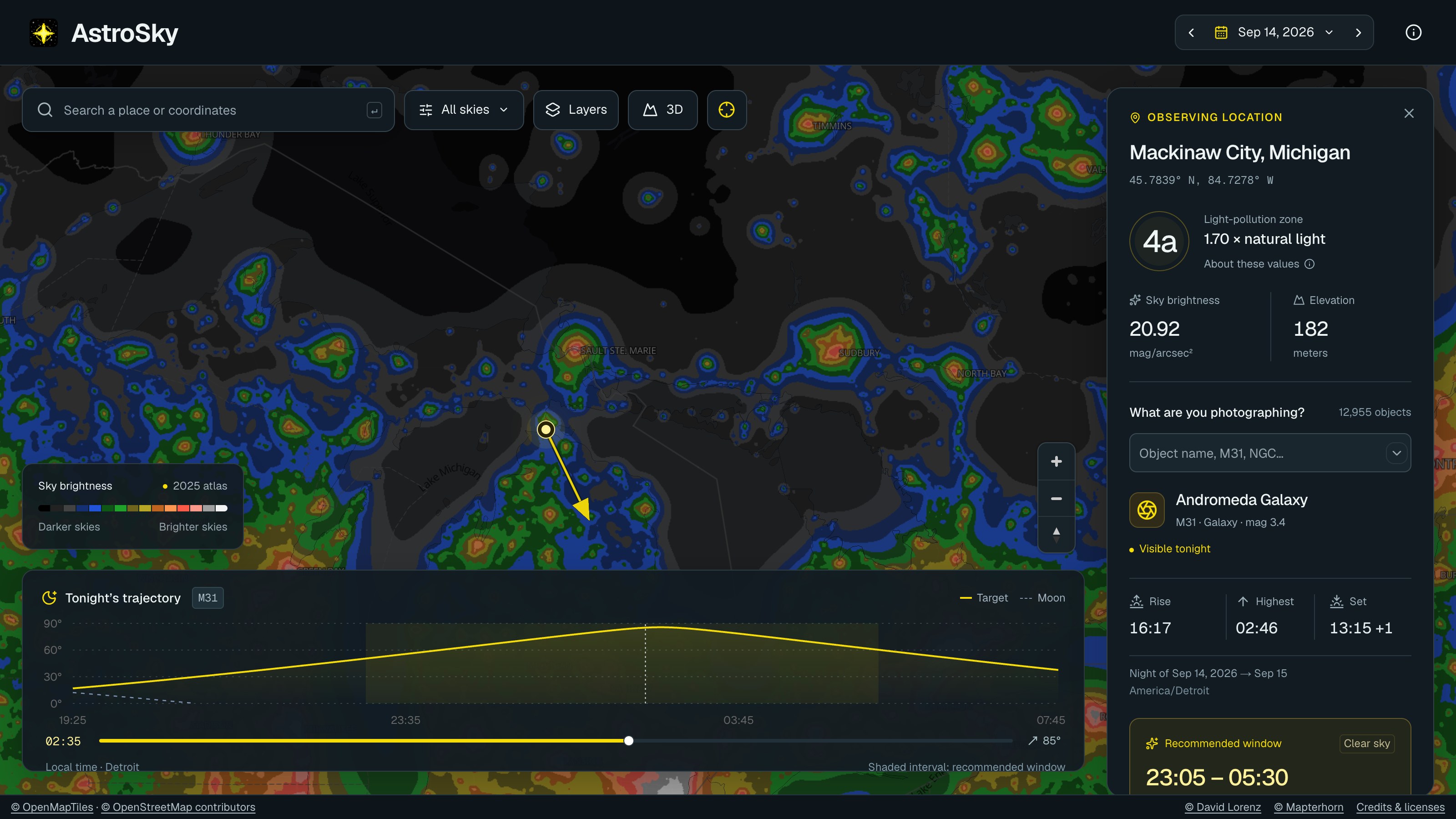AstroSky sky-brightness map with observing details and Andromeda Galaxy visibility